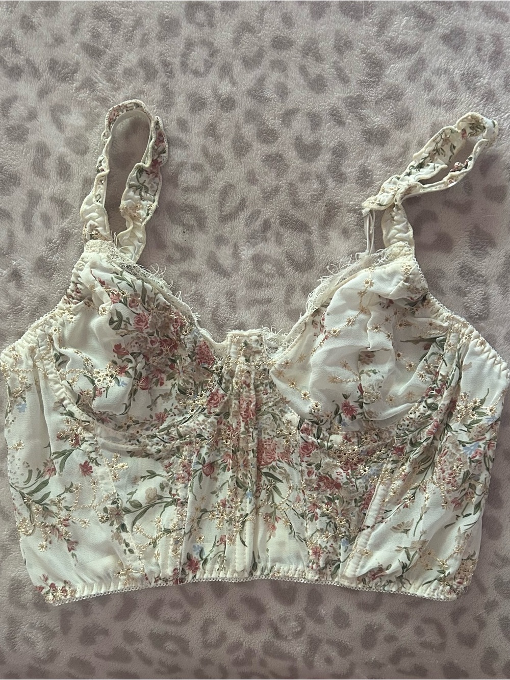 Floral Lace-Trim Crop Bustier Top - Cream with Pink & Green